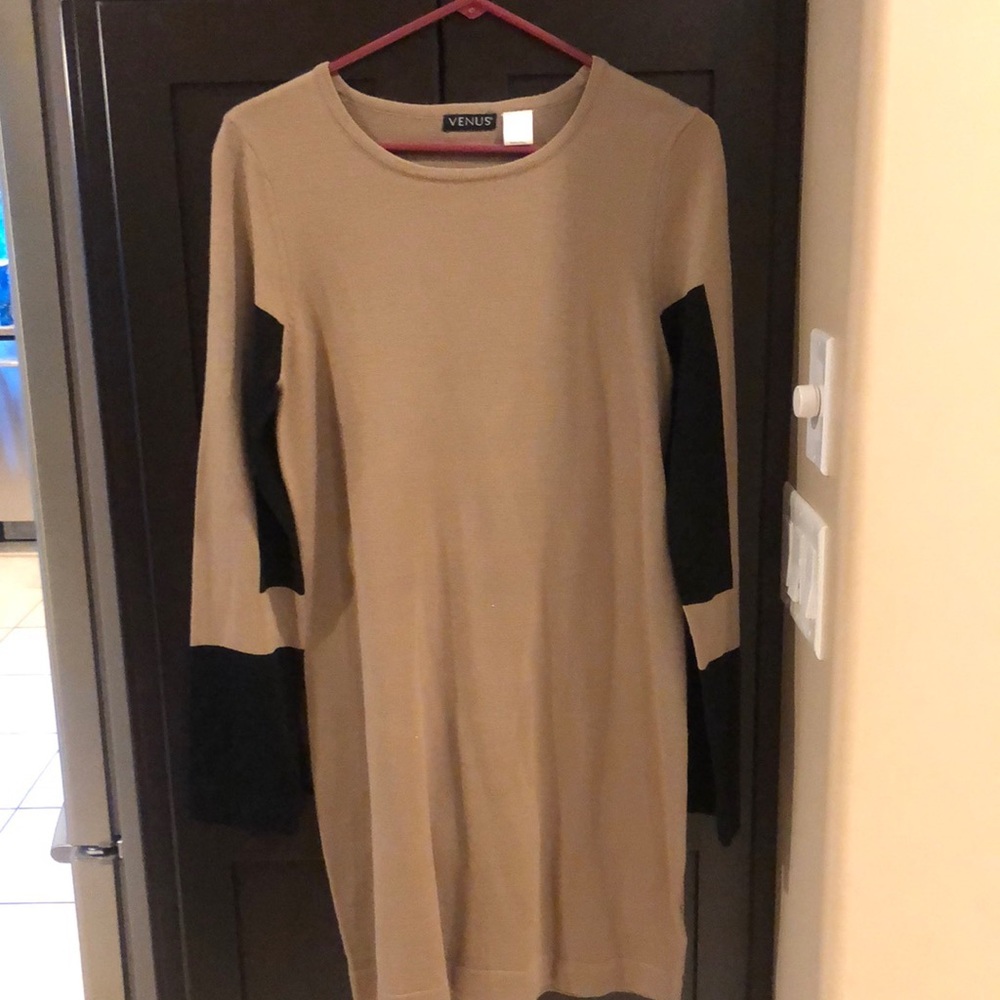Tan and black sweater dress